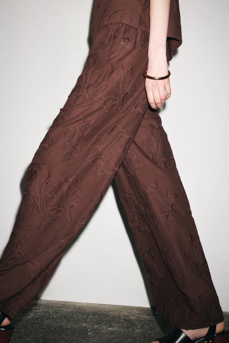 ZW Collection Embroidered Pyjama Trousers in Brown, P3395, ZARA, zara.com